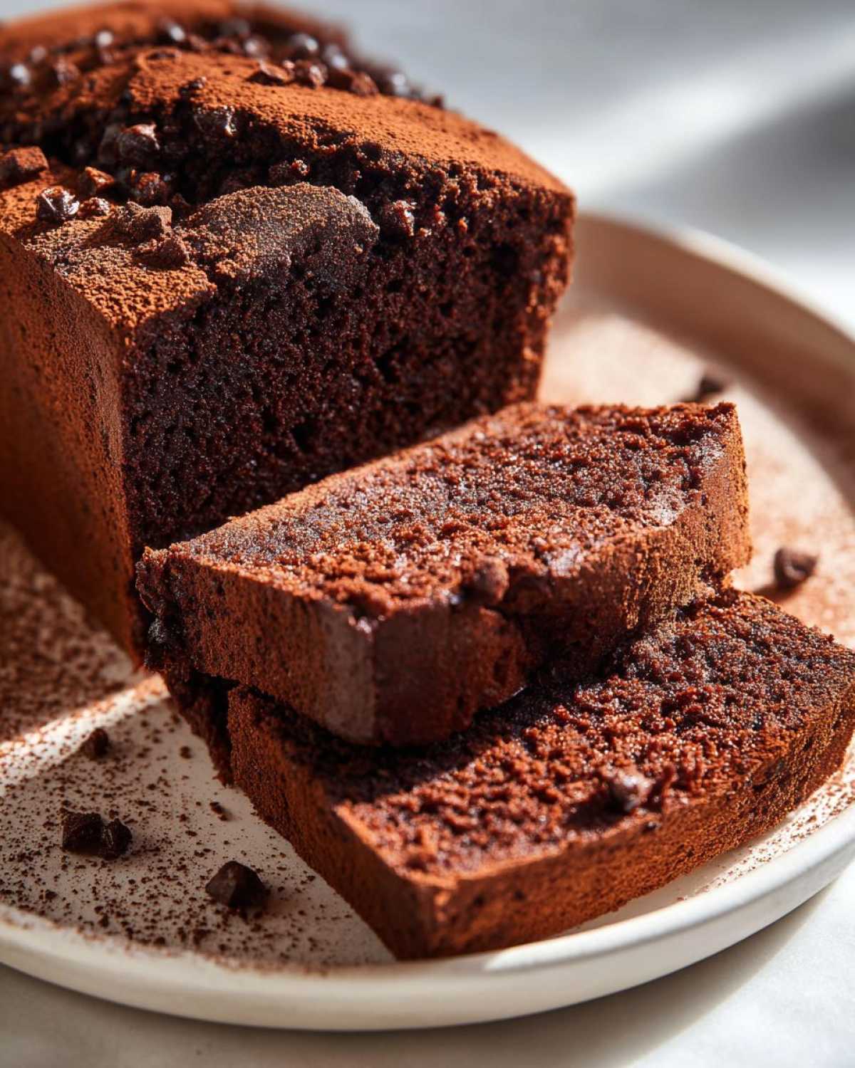 A dark chocolate zucchini cake loaf, dusted with cocoa powder and chocolate chips, with two slices cut and resting on a white plate.