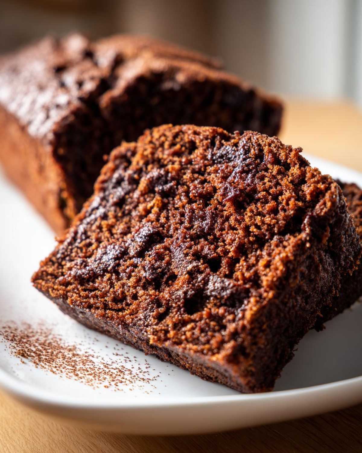 Close-up of a slice of dark chocolate zucchini cake on a white plate, showing its moist texture and chocolate chips.