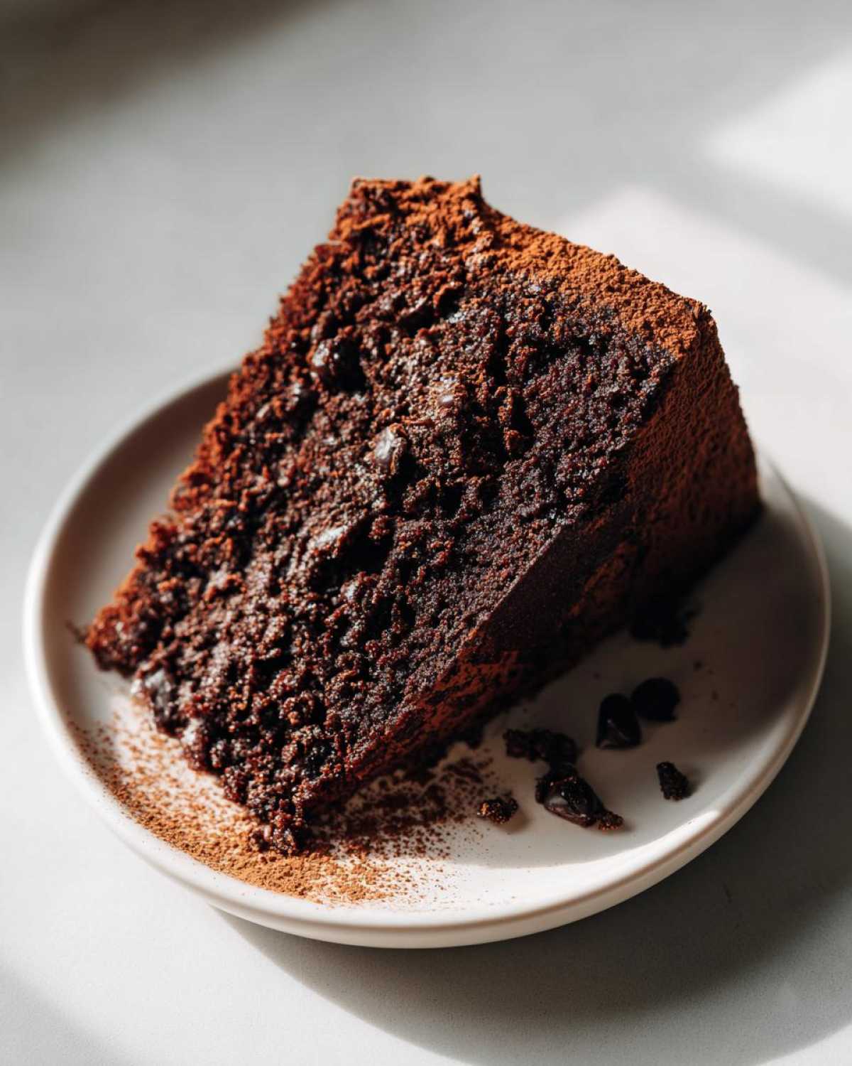 A close-up shot of a rich, dark slice of chocolate zucchini cake on a white plate, dusted with cocoa powder.