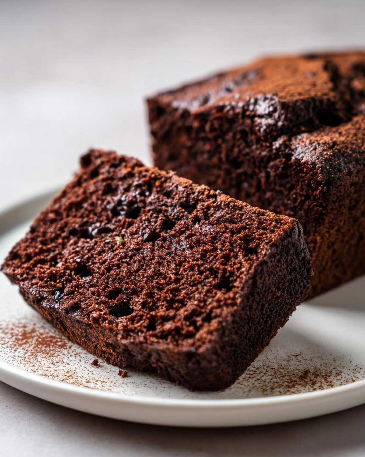 A close-up of a slice of moist chocolate zucchini cake on a white plate, with the loaf in the background.