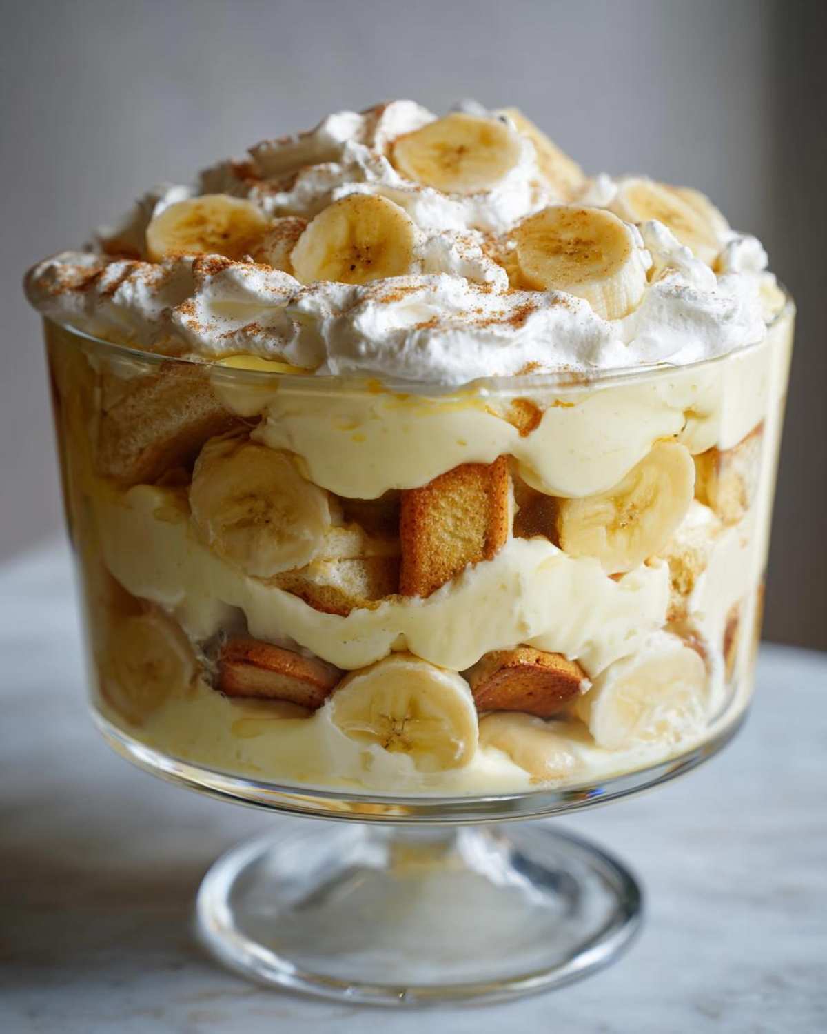 A large glass trifle bowl filled with layers of creamy banana pudding, sliced bananas, vanilla wafers, and topped with whipped cream and a sprinkle of cinnamon.