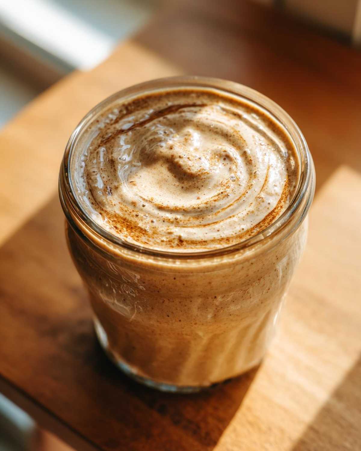 Close-up of creamy blended overnight oats in a glass jar, topped with a swirl and a sprinkle of spice.