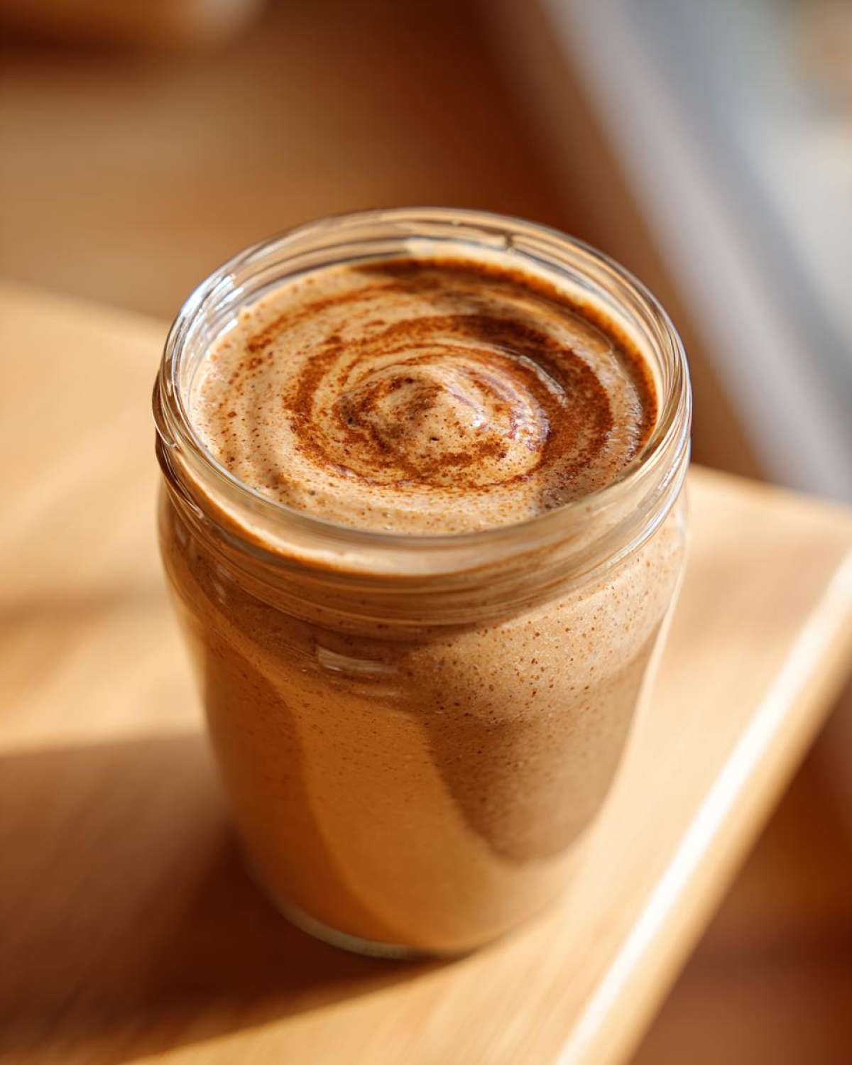 Close-up of a glass jar filled with creamy blended overnight oats, topped with a swirl of cinnamon.