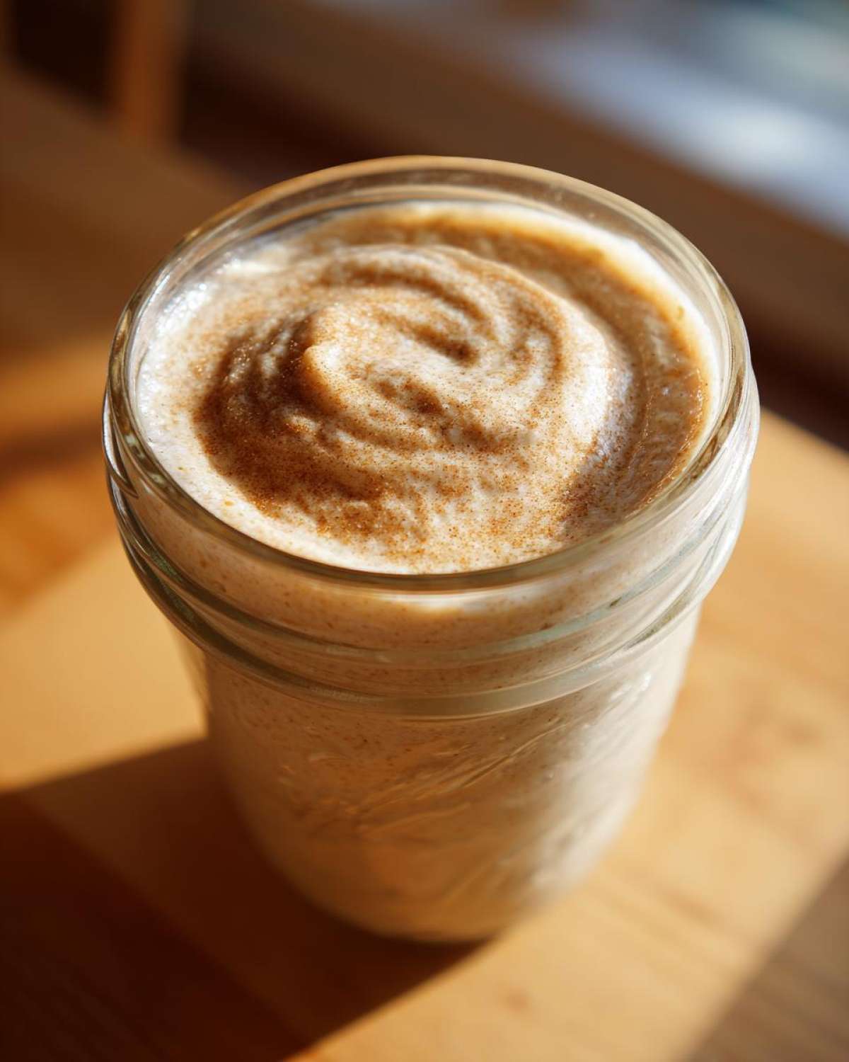 Close-up of creamy blended overnight oats in a glass mason jar, topped with a swirl and a sprinkle of cinnamon.