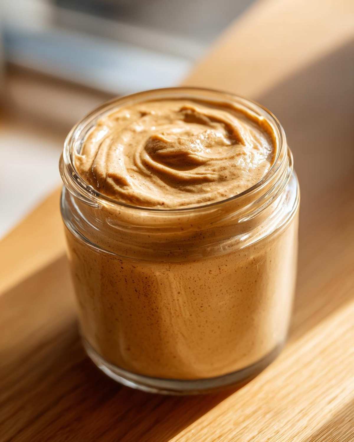 Close-up of a glass jar filled with creamy, light brown blended overnight oats, showing a swirled texture on top.