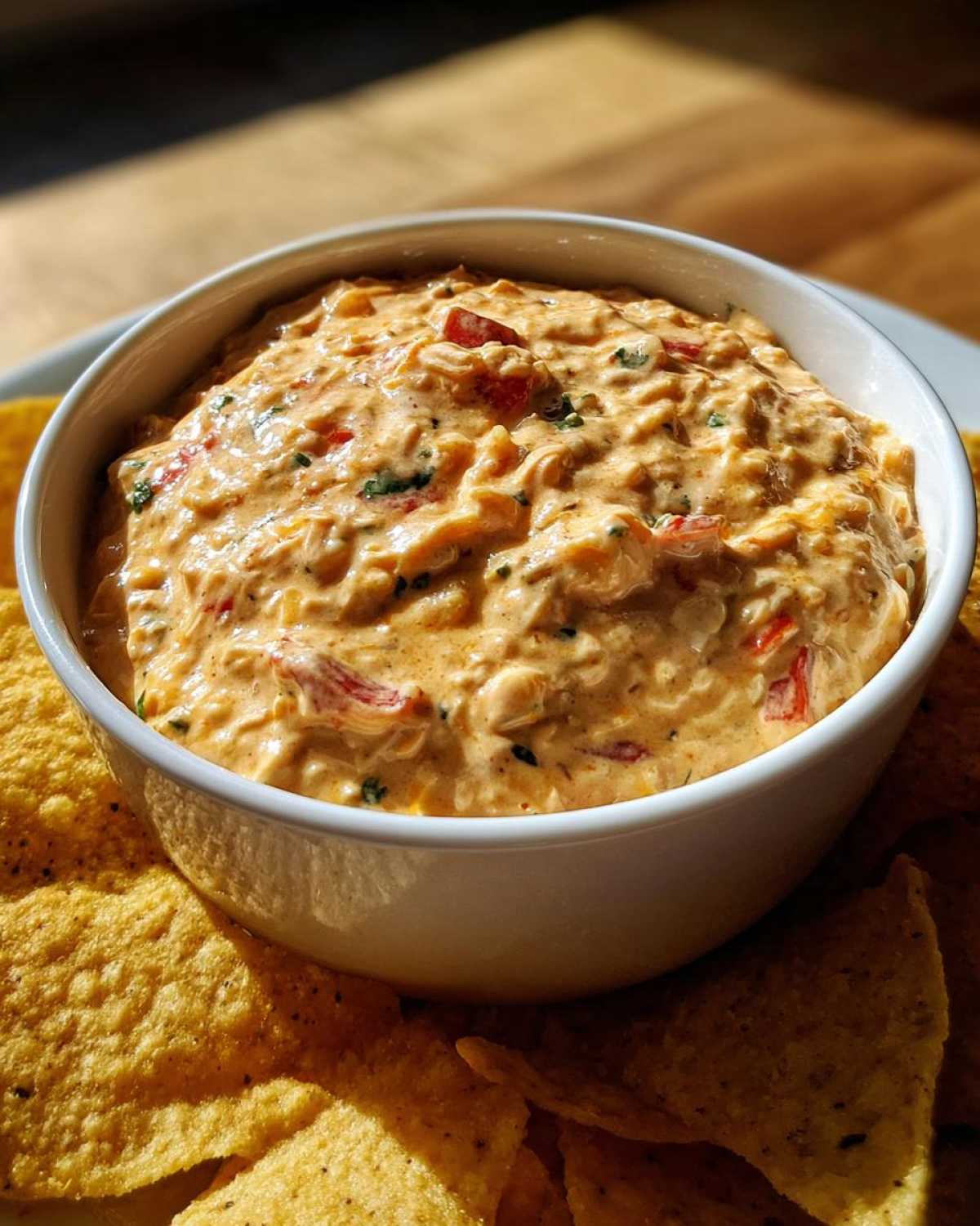 A white bowl filled with creamy Boat dip, featuring visible red peppers and green herbs, surrounded by golden tortilla chips.