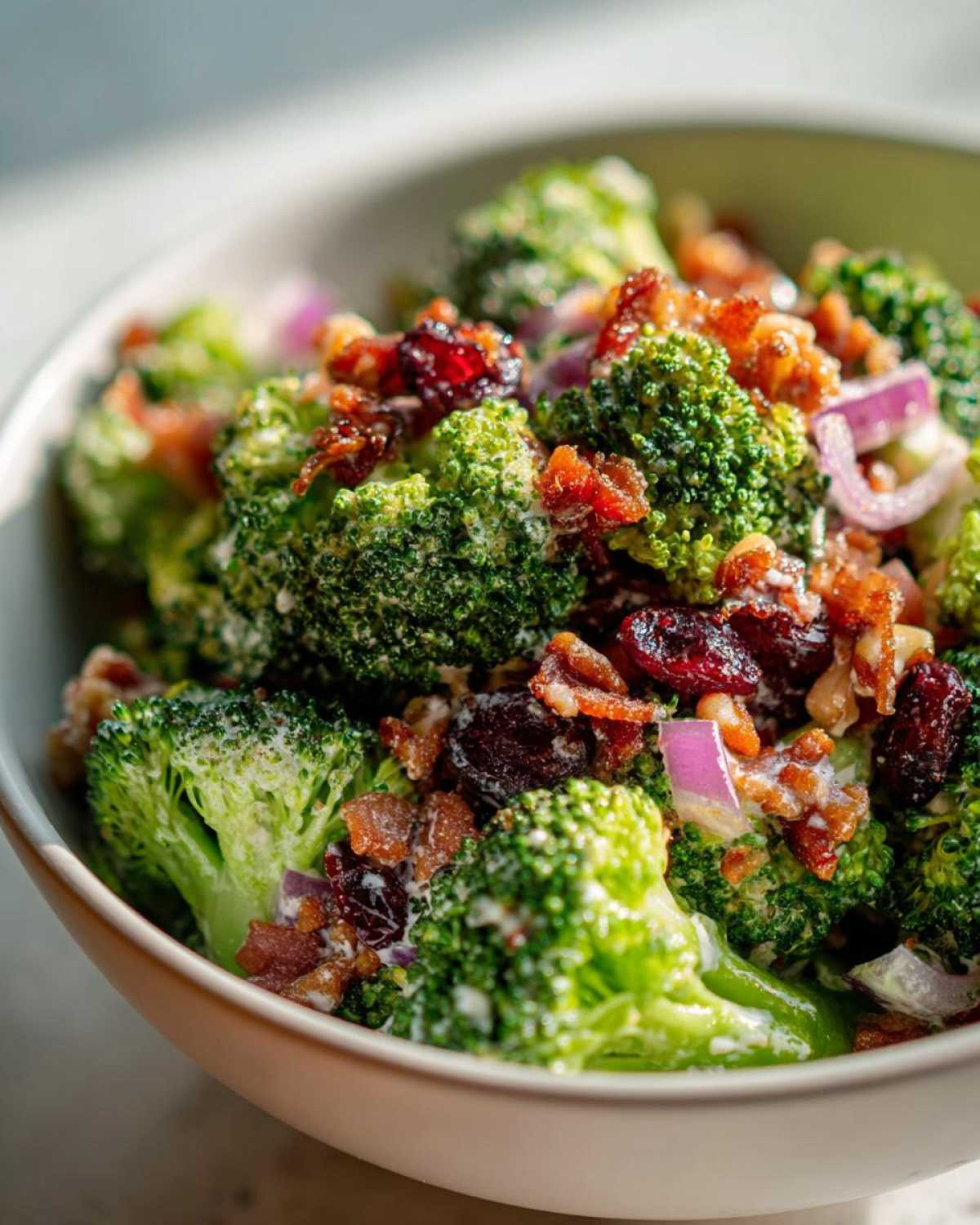 A close-up shot of a creamy broccoli salad with bacon bits, dried cranberries, and red onion in a white bowl.