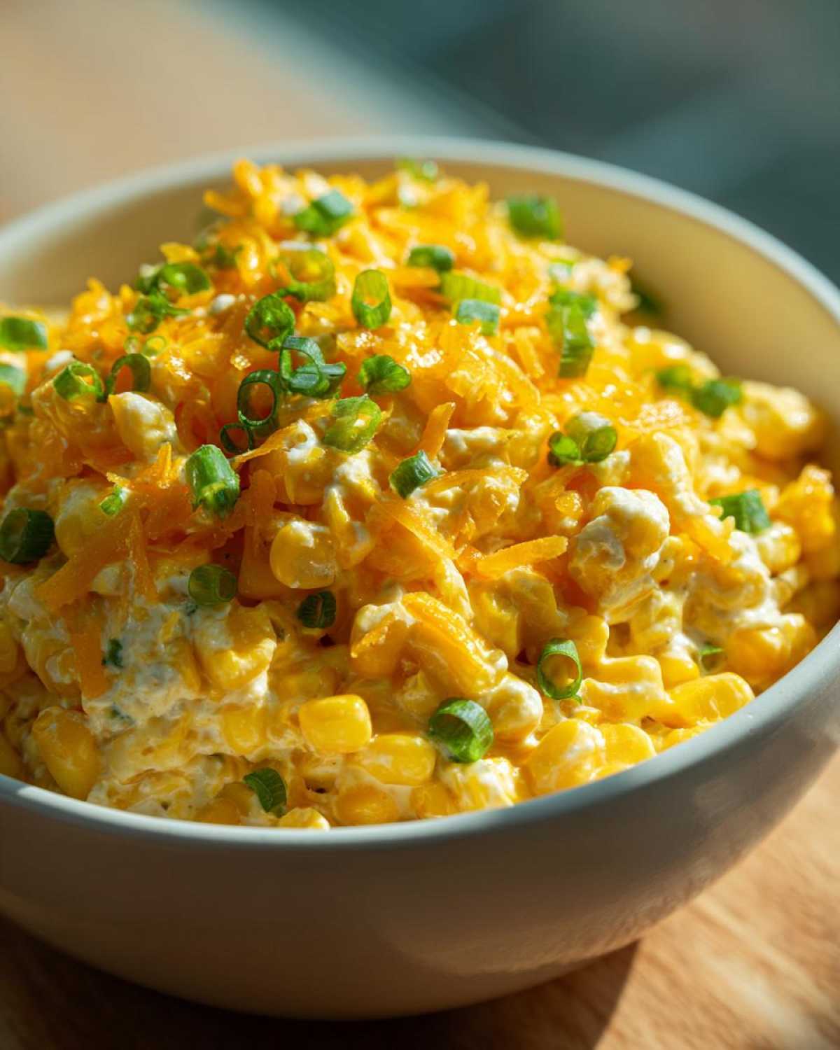 Close-up of a bowl of creamy corn dip with sour cream, topped with shredded cheddar cheese and chopped green onions.