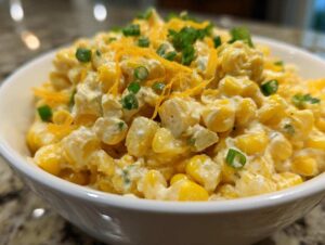 A close-up of a white bowl filled with creamy corn dip with sour cream, garnished with shredded cheddar cheese and chopped green chives.