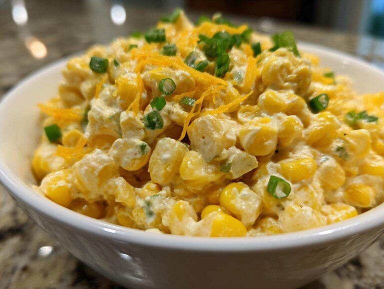 A close-up of a white bowl filled with creamy corn dip with sour cream, garnished with shredded cheddar cheese and chopped green chives.