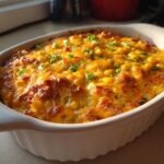 A hot, bubbly corn dip with cream cheese in a white oval baking dish, garnished with green onions.