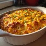 A hot, bubbly corn dip with cream cheese in a white oval baking dish, garnished with green onions.