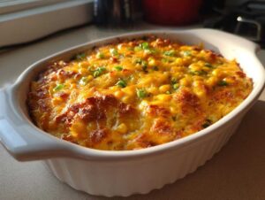 A hot, bubbly corn dip with cream cheese in a white oval baking dish, garnished with green onions.