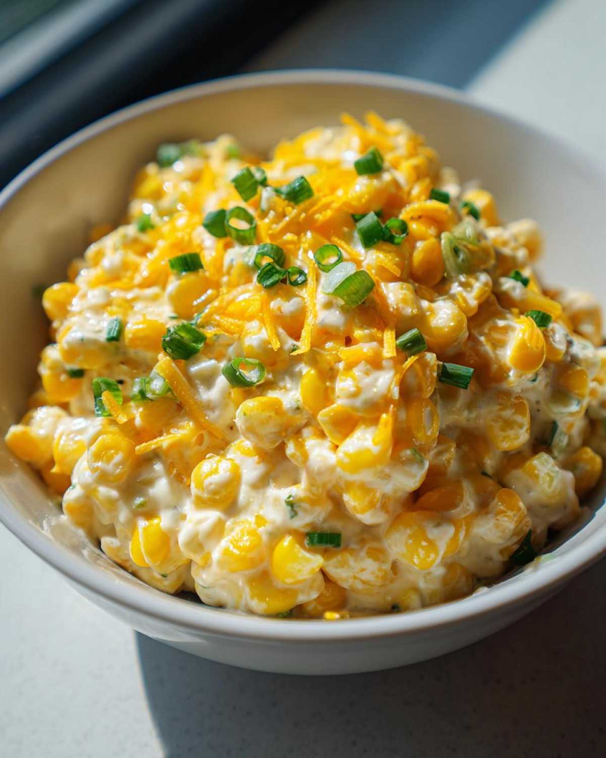 Close-up of a white bowl filled with creamy corn dip with sour cream, topped with shredded cheddar cheese and chopped green onions.