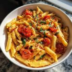 Close-up of a white bowl filled with creamy feta tomato pasta, garnished with fresh basil and red pepper flakes.