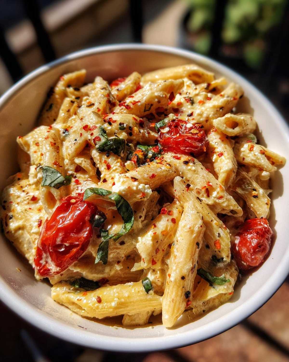 A close-up of a bowl of creamy feta tomato pasta, garnished with fresh basil and red chili flakes.