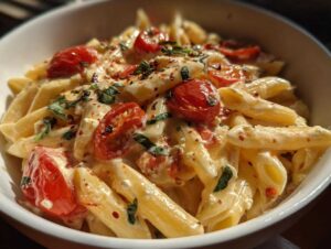 Close-up of a white bowl filled with creamy feta tomato pasta, garnished with fresh basil and chili flakes.