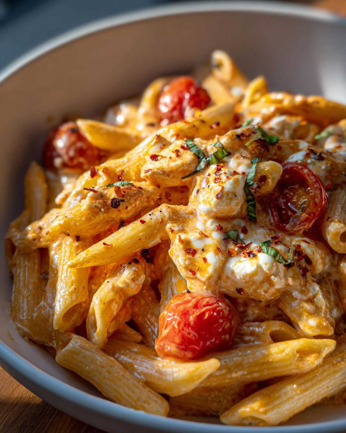 Close-up of creamy feta tomato pasta in a white bowl, garnished with red pepper flakes and basil.