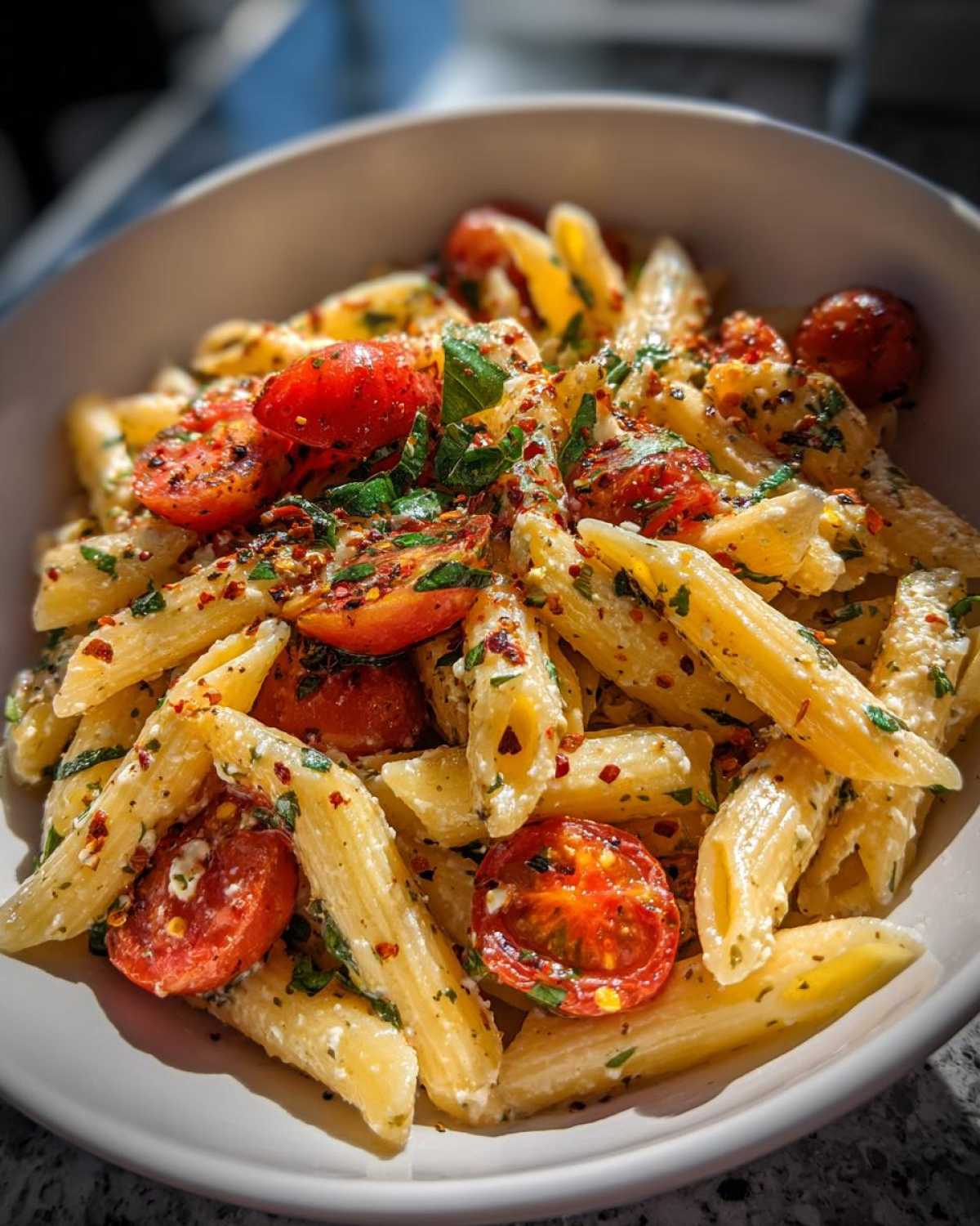 Close-up of a bowl of creamy feta tomato pasta with penne, cherry tomatoes, herbs, and chili flakes.