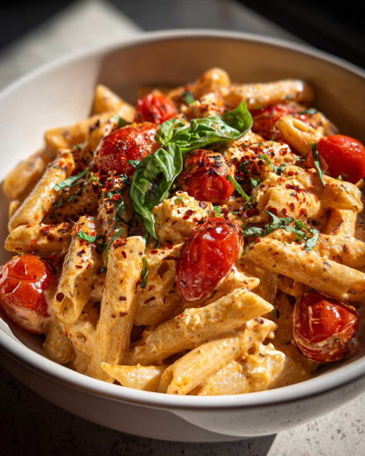 Close-up of creamy feta tomato pasta in a white bowl, garnished with fresh basil and chili flakes.