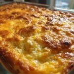 Close-up of a creamy squash casserole in a glass baking dish with a golden brown, bubbly top.