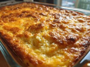 Close-up of a creamy squash casserole in a glass baking dish with a golden brown, bubbly top.