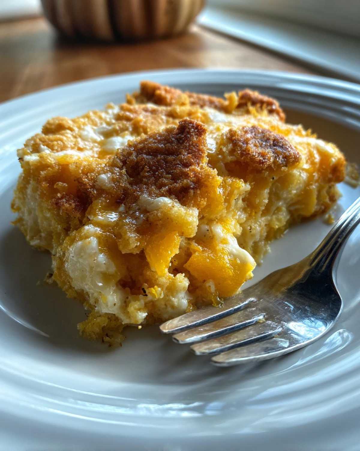 Close-up of a slice of creamy squash casserole on a white plate with a fork.