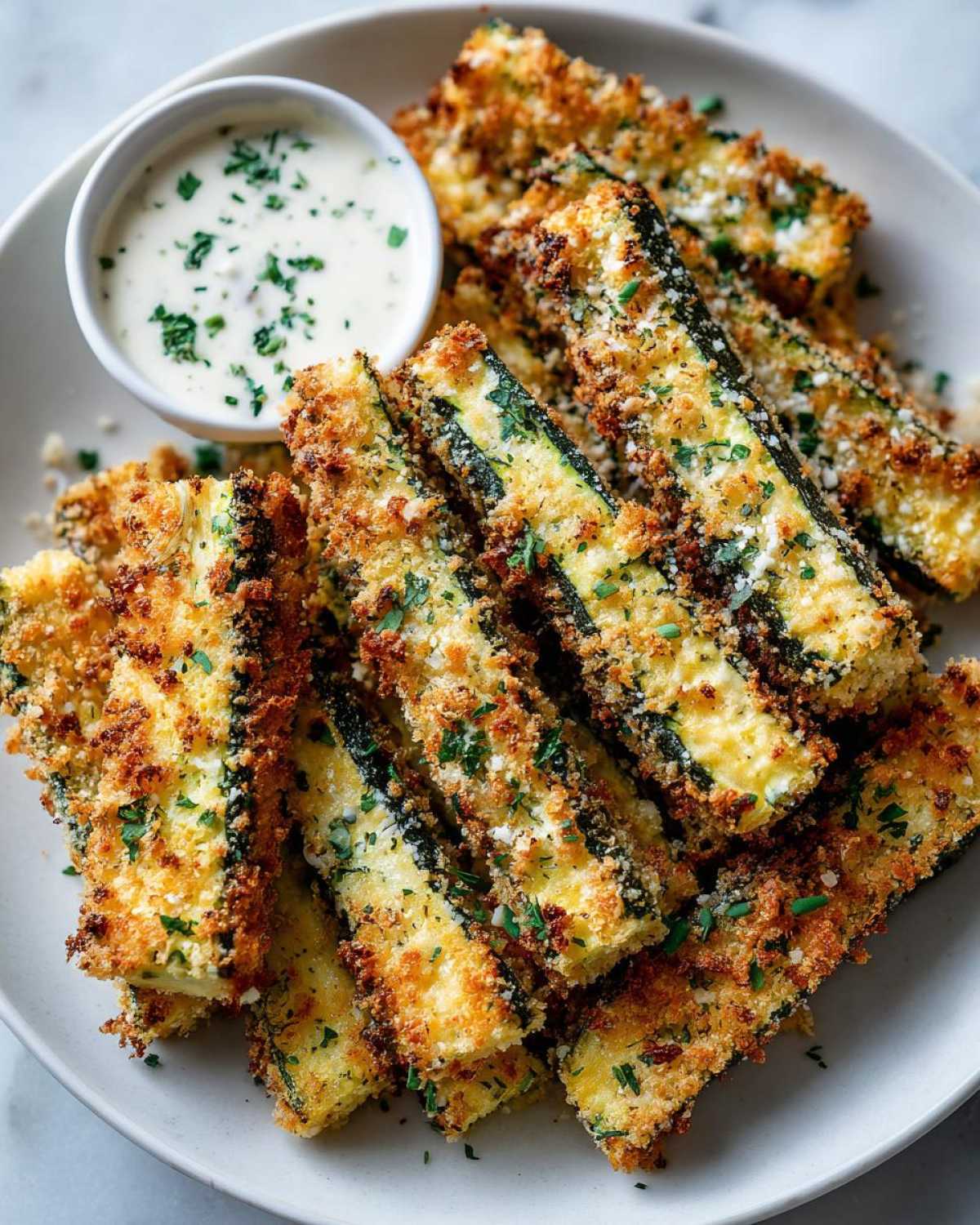 A close-up of golden-brown, crispy zucchini fries piled on a white plate with a small bowl of creamy dipping sauce.