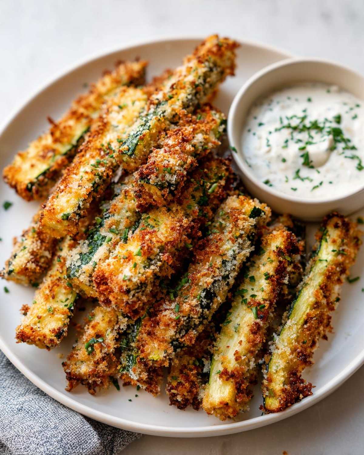 A plate piled high with golden-brown, crispy baked zucchini fries, garnished with fresh herbs, next to a small bowl of creamy white dipping sauce.