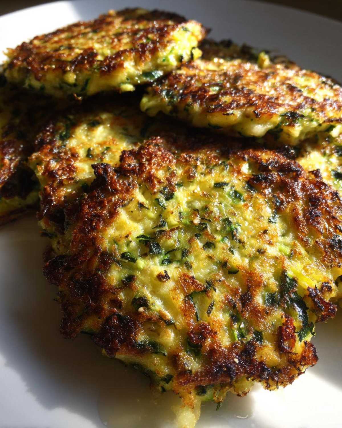 Close-up of a stack of golden brown and crispy zucchini fritters on a white plate, showing texture.