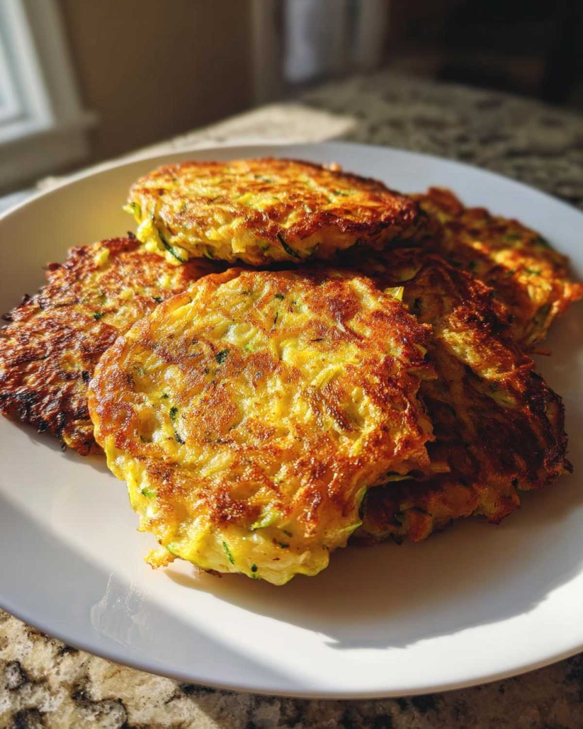 A close-up shot of several golden-brown, crispy zucchini pancakes stacked on a white plate, illuminated by natural light.