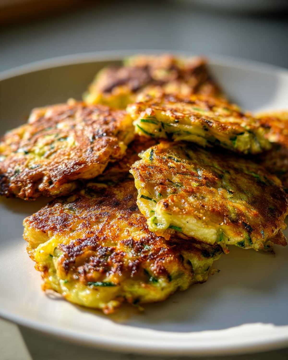 A close-up shot of several golden-brown zucchini pancakes piled on a white plate, showing crispy edges and flecks of green zucchini.