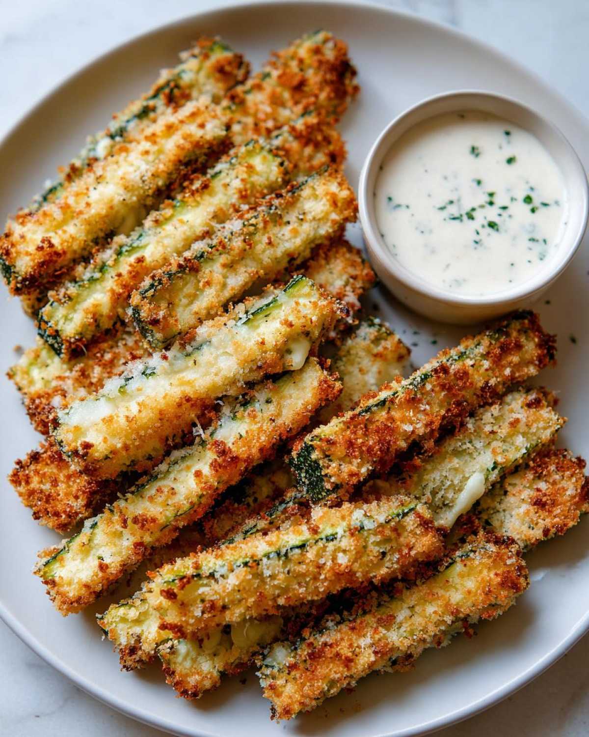 A plate piled high with golden-brown, crispy zucchini fries next to a small bowl of creamy white dipping sauce.