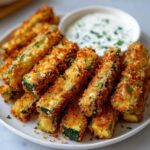 A plate piled high with golden-brown, crispy zucchini fries, garnished with herbs, with a bowl of creamy white dipping sauce in the background.