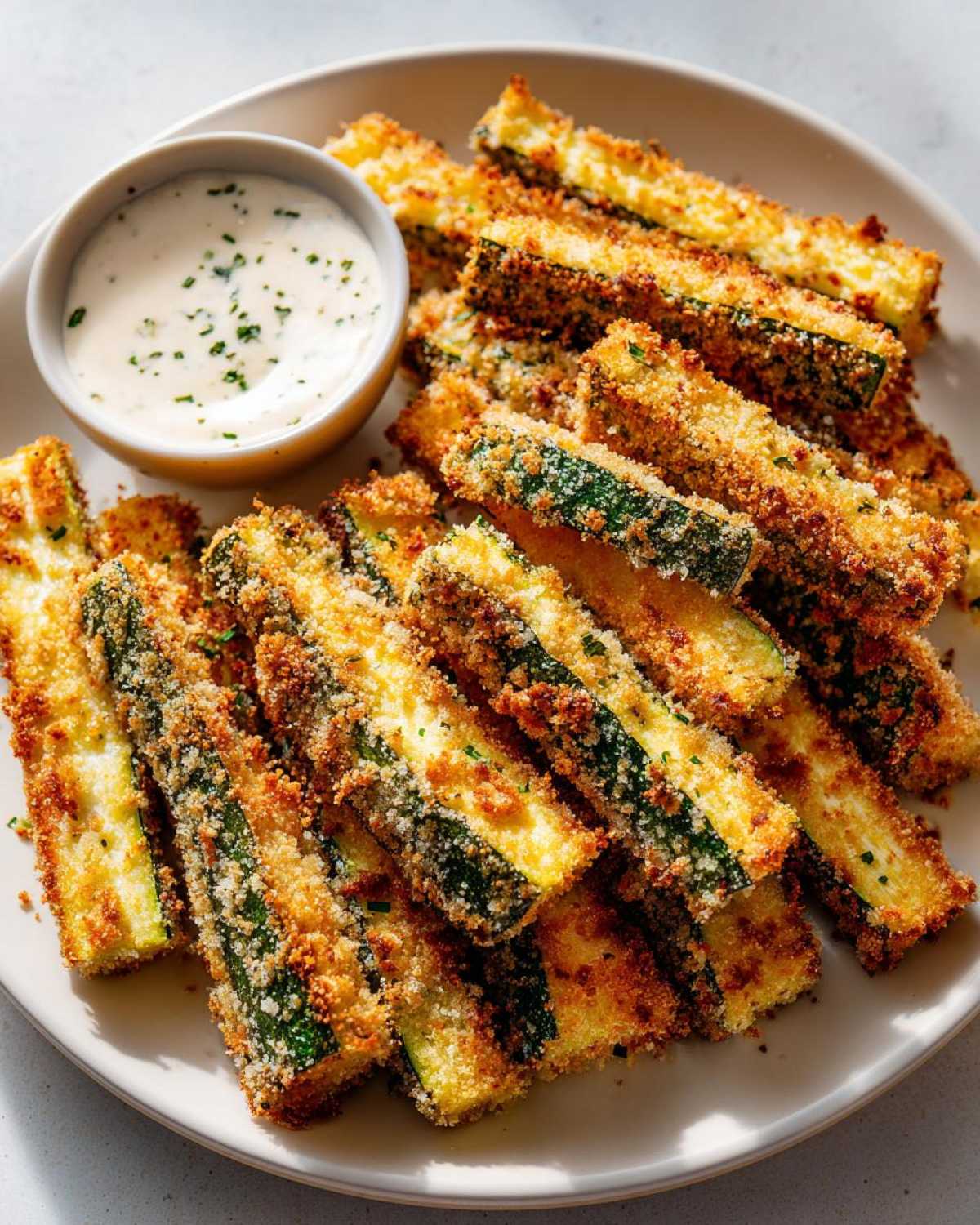 A plate piled high with golden-brown, crispy zucchini fries next to a small bowl of creamy dipping sauce.