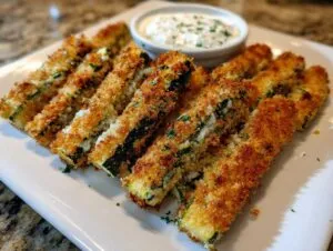 A platter of golden-brown, crispy zucchini fries sprinkled with herbs, next to a small bowl of creamy white dipping sauce.