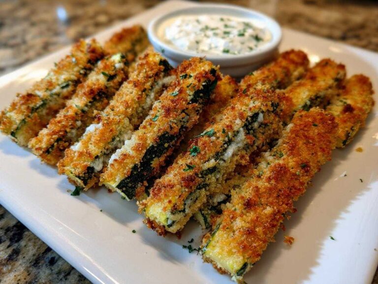 A platter of golden-brown, crispy zucchini fries sprinkled with herbs, next to a small bowl of creamy white dipping sauce.