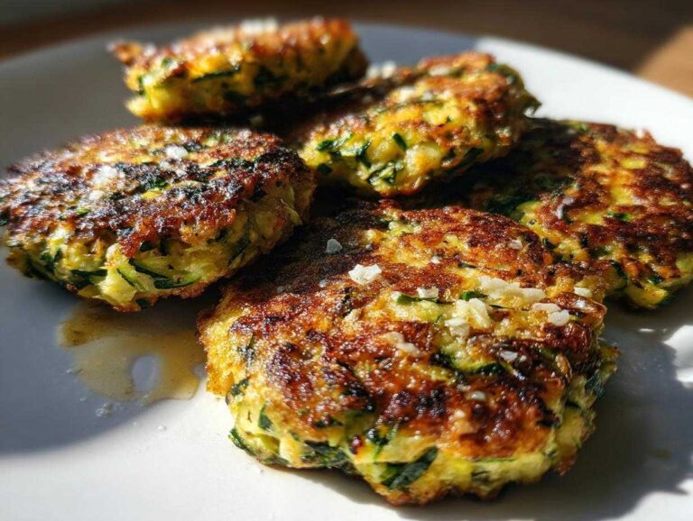 Close-up of several golden-brown zucchini fritters on a white plate, sprinkled with salt flakes.