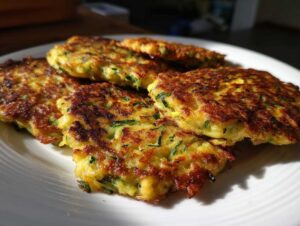 A close-up shot of several golden-brown zucchini pancakes on a white plate, showing crispy edges and flecks of green zucchini.