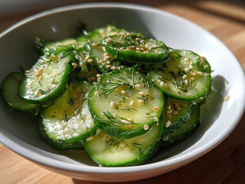 Close-up of a white bowl filled with thinly sliced cucumber salad, garnished with fresh dill and sesame seeds.