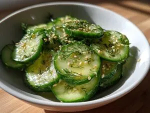 Close-up of a white bowl filled with thinly sliced cucumber salad, garnished with fresh dill and sesame seeds.