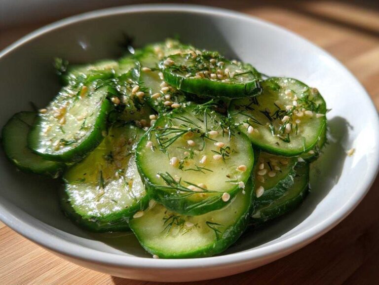 Close-up of a white bowl filled with thinly sliced cucumber salad, garnished with fresh dill and sesame seeds.