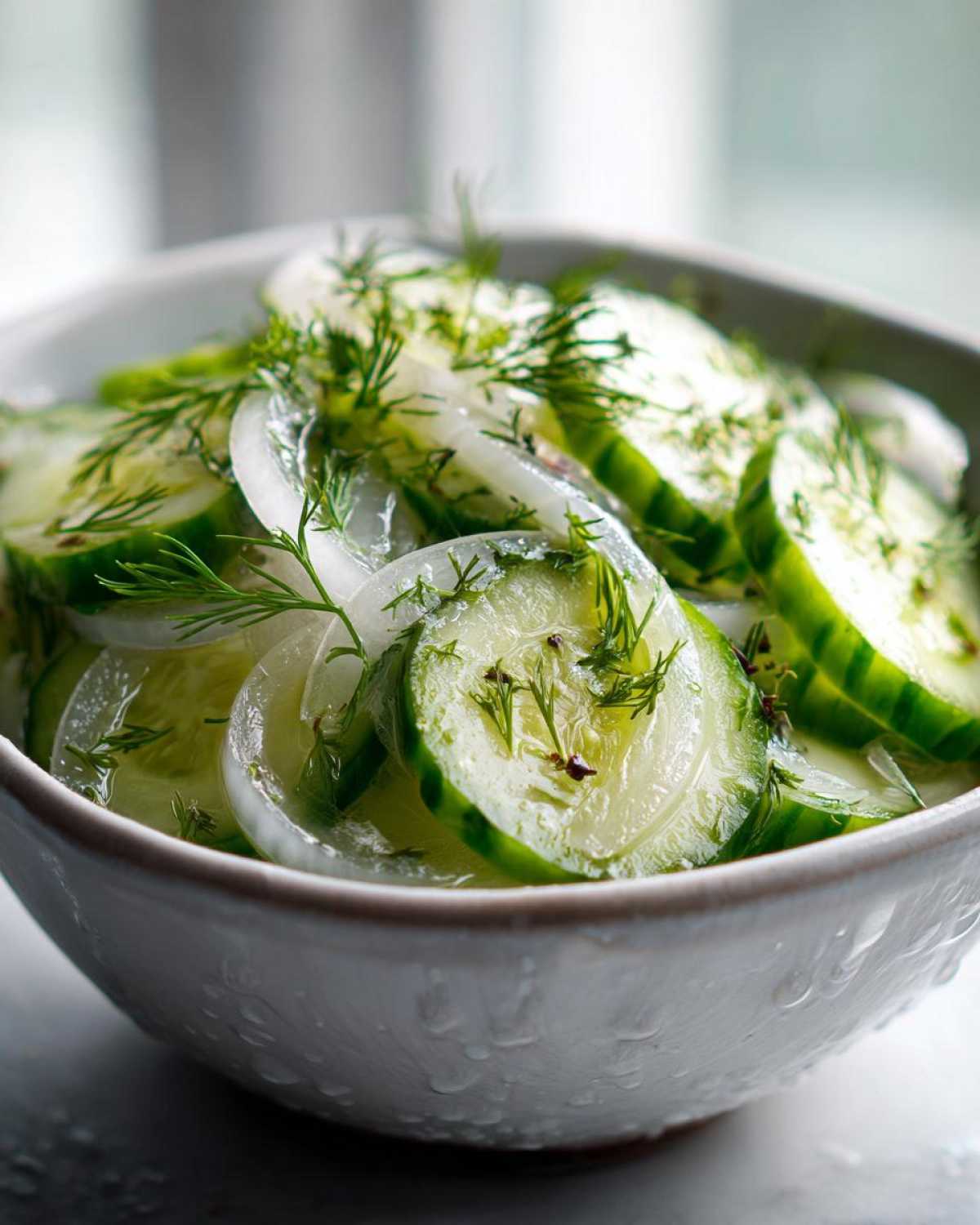 Close-up of a bowl filled with sliced cucumbers and onions in a clear vinegar dressing, garnished with dill.