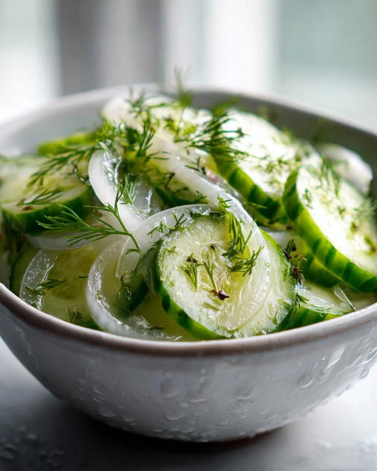 Close-up of a bowl filled with sliced cucumbers and onions in a clear vinegar dressing, garnished with dill.
