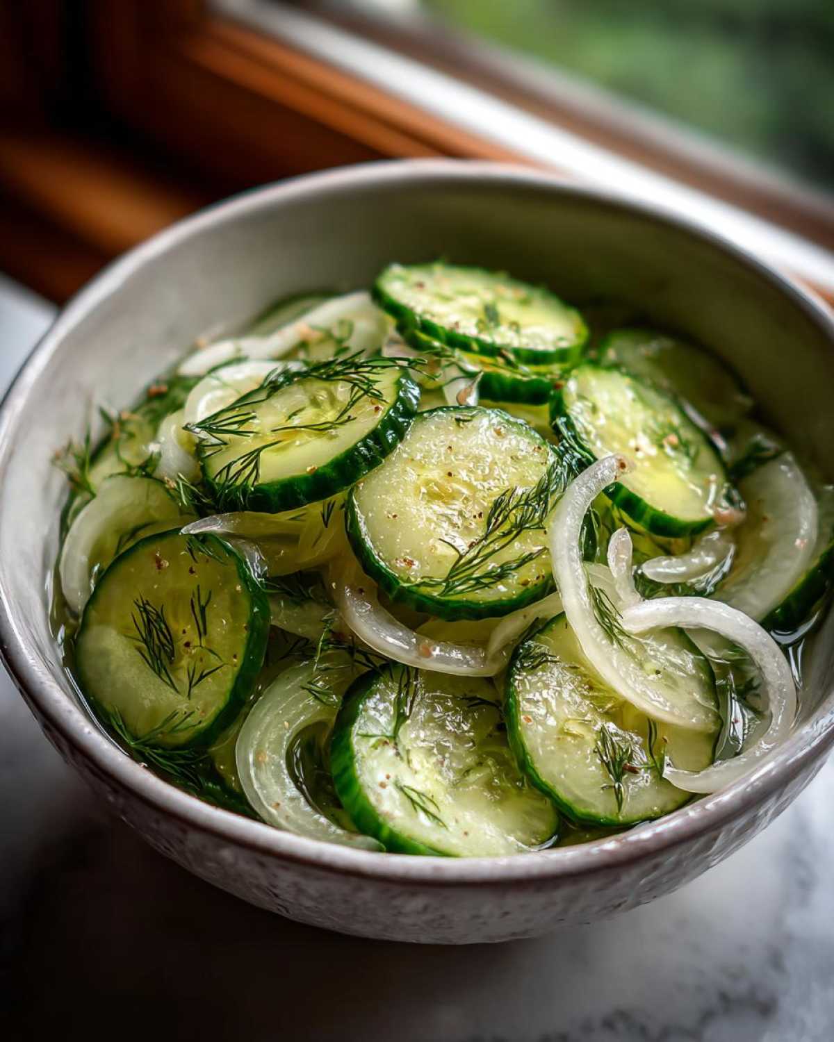 A close-up shot of a bowl filled with sliced cucumbers and onions in vinegar, garnished with fresh dill.