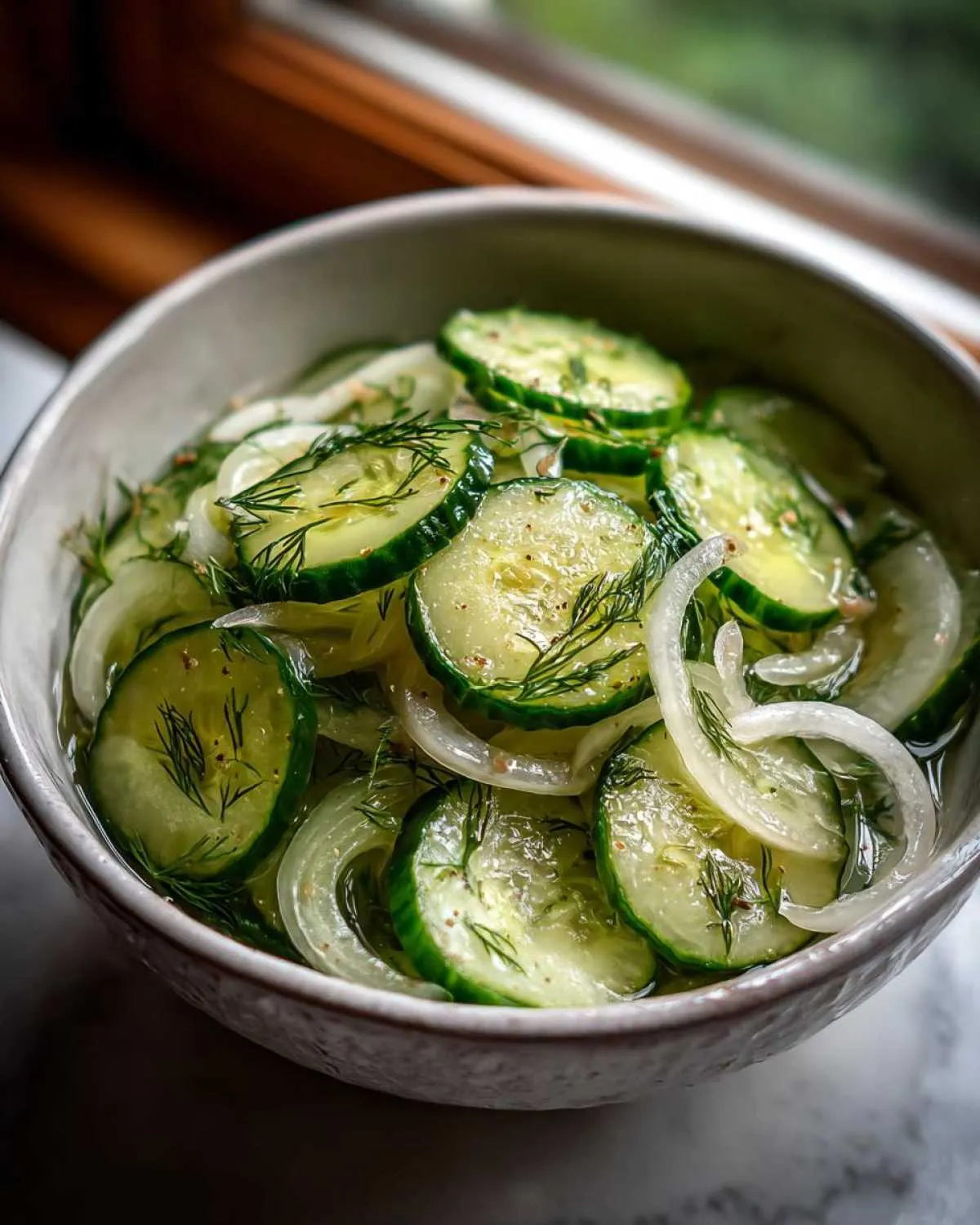 A close-up shot of a bowl filled with sliced cucumbers and onions in vinegar, garnished with fresh dill.