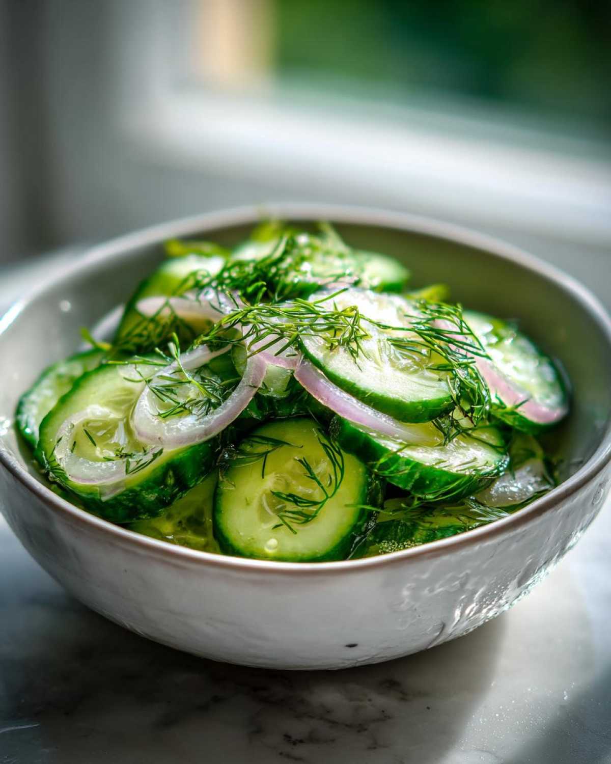 A white bowl filled with sliced cucumbers and red onions, garnished with fresh dill, in a clear vinegar dressing. This is a classic recipe for cucumbers and onions in vinegar.