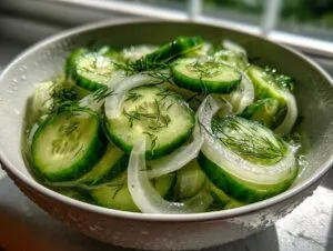 Close-up of a bowl filled with sliced cucumbers and onions in vinegar, garnished with fresh dill.