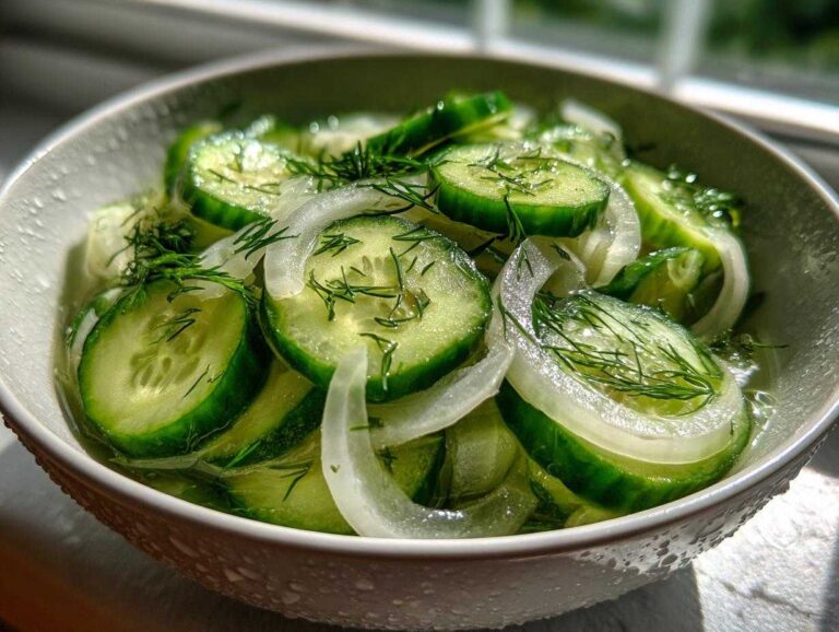 Close-up of a bowl filled with sliced cucumbers and onions in vinegar, garnished with fresh dill.