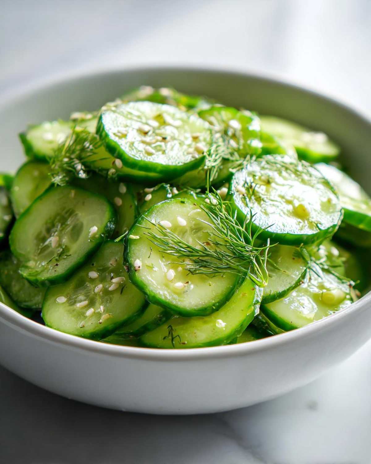 Close-up of a bowl of fresh cucumber salad, garnished with dill and sesame seeds.